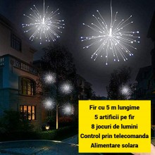 Instalatie Luminoasa EDAR Solara De Exterior, Model Artificii, Cu 8 Moduri De Lumina Si Telecomanda, Fir De 5 Metri, 5 Artifi...