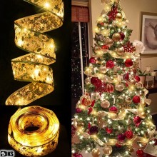 Instalatie Brad Tip Panglica Aurie Luminoasa SIKS Pentru Impodobit Si Decorare Pom De Craciun, 50 Led, 5 Metri, 8 Programe, L...