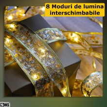 Instalatie Brad Tip Panglica Aurie Luminoasa SIKS Pentru Impodobit Si Decorare Pom De Craciun, 50 Led, 5 Metri, 8 Programe, L...