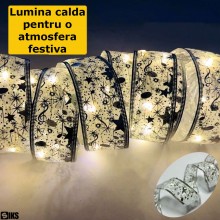 Instalatie Brad Tip Panglica Argintie Luminoasa SIKS Pentru Impodobit Si Decorare Pom De Craciun, 50 Led, 5 Metri, 8 Programe...