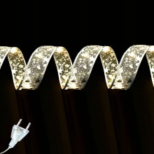Instalatie Brad Tip Panglica Argintie Luminoasa SIKS Pentru Impodobit Si Decorare Pom De Craciun, 50 Led, 5 Metri, 8 Programe...