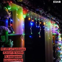 Instalatie Craciun Tip Turturi EDAR, 5 Metri, 110 LED-uri, Multicolora – 8 Jocuri De Lumini, Franjuri Curgatori, Fir Transpar... Instalatie Craciun Tip Turturi EDAR, 5 Metri, 110 LED-uri, Multicolora – 8 Jocuri De Lumini, Franjuri Curgatori, Fir Transpar...