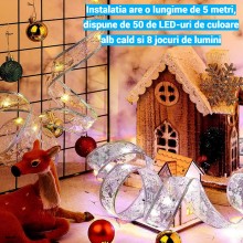 Instalatie Luminoasa Panglica Argintie EDAR pentru Brad de Craciun, 50 LED-uri, 5m, 8 Moduri, Lumina Alb Cald, Alimentare la ...