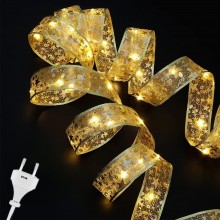 Instalatie Luminoasa Panglica Aurie EDAR pentru Brad de Craciun, 50 LED-uri, 5m, 8 Moduri, Lumina Alb Cald, Alimentare la Pri...