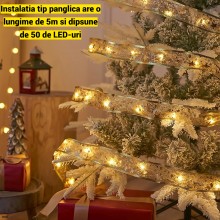 Instalatie Luminoasa Panglica Aurie EDAR pentru Brad de Craciun, 50 LED-uri, 5m, 8 Moduri, Lumina Alb Cald, Alimentare la Pri...
