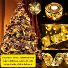 Instalatie Luminoasa Panglica Aurie EDAR pentru Brad de Craciun, 50 LED-uri, 5m, 8 Moduri, Lumina Alb Cald, Alimentare la Pri...
