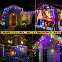 Instalatie De Craciun EDAR Model Turturi, 12 m, 300 Led-uri, Cu 8 Jocuri De Lumini, Franjuri, Pentru Exterior/Interior, Rezis...