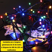 Instalatie Liniara de Craciun EDAR, 32 m, 400 LED-uri Multicolore, 8 Jocuri de Lumini, Pentru Brad si Exterior, Fir Negru, Al...