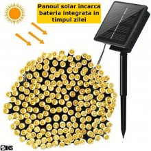 Instalatie De Craciun Liniara Solara SIKS, 30 Metri, 300 Led-uri, De Exterior, Incarcare Panou Solar Mare Si Posibilitate Ali...