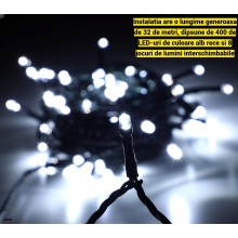 Instalatie Liniara de Craciun EDAR, 32 m, 400 LED Alb Rece, 8 Jocuri de Lumini, Pentru Brad si Exterior, Fir Negru, Alimentar...