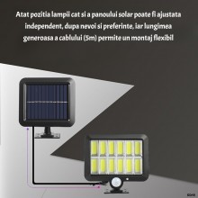 Lampa Solara LED EDAR de Exterior, 120 COB LED cu Senzor de Miscare si Lumina, Telecomanda, Baterie 1200 mAh, 260 Lumeni, 3 M...
