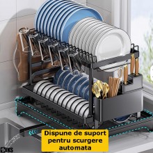 Scurgator Vase Metalic Dublu SIKS Cu Suport De Scurgere Automata, Suport Pentru Vase, Uscator Vase, Suport Tacamuri Si Pahare...