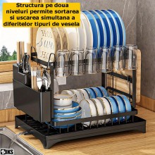 Scurgator Vase Metalic Dublu SIKS Cu Suport De Scurgere Automata, Suport Pentru Vase, Uscator Vase, Suport Tacamuri Si Pahare...