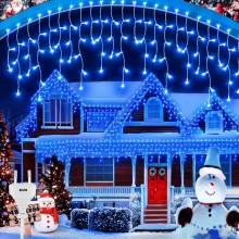 Ghirlanda Luminoasa Tip Franjuri EDAR, Instalatie De Craciun Perdea Pentru Exterior/Interior, 12m, Fir Alb, Lumina Albastra, ...