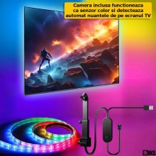 Banda Led Smart SIKS Pentru Fundal TV, 5 Metri, Kit Profesional TV Backlight, Led-uri RGBICW, Camera Inclusa, Multicolora