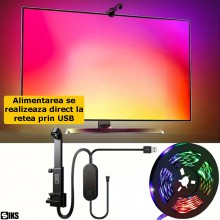 Banda Led Smart SIKS Pentru Fundal TV, 5 Metri, Kit Profesional TV Backlight, Led-uri RGBICW, Camera Inclusa, Multicolora