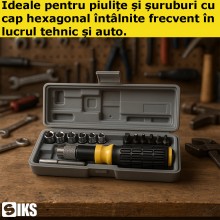 Set Trusa SIKS Surubelnita Cu Clichet si Biti, 15 Piese, 5 Biti In Stea Si Drepti, 6 Capete Hexagonale Marimi 4-9, Prelungire...