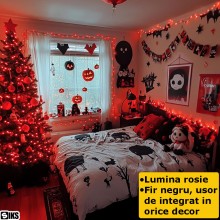 Instalatie de Craciun Liniara SIKS, Interior/Exterior, Rola 100m, 8 jocuri de lumini, Rosu, Fir Negru
