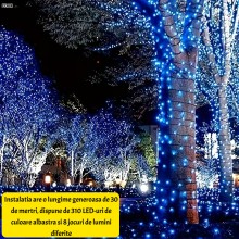 Instalatie Liniara Solara de Craciun EDAR, 30 m, 310 LED-uri Albastre, 8 Jocuri de Lumini, Fir Verde Inchis, Pentru Exterior,...