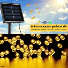 Instalatie Liniara Solara de Craciun EDAR, 10 m, 100 LED-uri Alb Cald, 8 Jocuri de Lumini, Fir Verde Inchis, Pentru Exterior,...