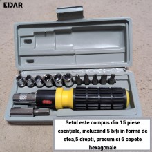 Trusa Surubelnita EDAR Cu Biti Si Capete Hexagonale, 15 Piese – Negru/Galben, Set Complet Pentru Bricolaj Si Reparatii Trusa Surubelnita EDAR Cu Biti Si Capete Hexagonale, 15 Piese – Negru/Galben, Set Complet Pentru Bricolaj Si Reparatii