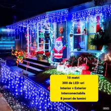 Instalatie De Craciun EDAR Model Turturi, 10 m, 300 Led-uri, Cu 8 Jocuri De Lumini, Franjuri, Pentru Exterior/Interior, Rezis...