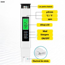 Tester Digital EDAR pentru Calitatea Apei, Display LED, Masurare TDS/EC/Temperatura, cu Termometru Integrat, Rezistent la Apa... Tester Digital EDAR pentru Calitatea Apei, Display LED, Masurare TDS/EC/Temperatura, cu Termometru Integrat, Rezistent la Apa...