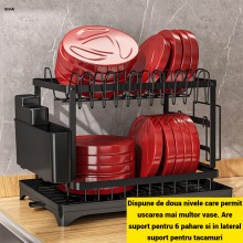 Scurgator Vase Dublu EDAR cu Suport Tacamuri si Pahare, Suport Tocator, Scurgere Automata, 42x30x29 cm, din Metal, Negru