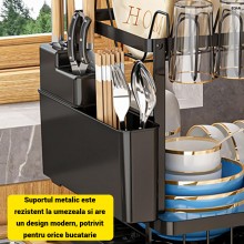 Scurgator Vase Dublu EDAR cu Suport Tacamuri si Pahare, Suport Tocator, Scurgere Automata, 42x30x29 cm, din Metal, Negru