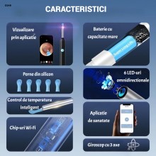 Aparat EDAR Pentru Curatare Urechi cu Camera Video Full HD, Otoscop Wireless Pentru Telefon, Set cu 6 Rezerve, Incarcare USB,...