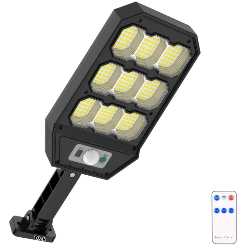 Lampa Solara Stradala LED EDAR, 279 LED-uri Puternice, Senzor de Lumina si Miscare, Unghi de Detectie 120°, IP65, Panou Solar...
