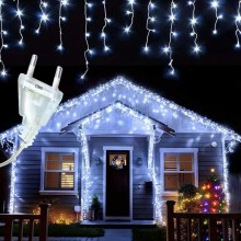 Instalatie Craciun Turturi SIKS, Ghirlanda Curgatoare, 12 m, 300 LED-uri, 8 Jocuri de Lumini, Franjuri, Exterior/Interior, Fi...