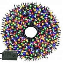 Instalatie De Craciun Liniara SIKS, 100 m, 1000 LED -uri, Cu 8 Jocuri de Lumini, Pentru Exterior/Interior, Fir Verde Inchis, ...