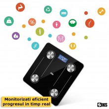 Cantar Electronic Inteligent De Baie SIKS Ecran De Sticla Securizata, Suporta Maxim 180 Kg, Electronic Cu Aplicatie Smart, Co...