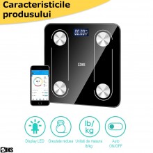 Cantar Electronic Inteligent De Baie SIKS Ecran De Sticla Securizata, Suporta Maxim 180 Kg, Electronic Cu Aplicatie Smart, Co...