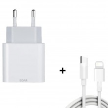 Incarcator Rapid EDAR Pentru Telefoane/Tablete, Cablu USB Tip C La Lightning, Stecher Priza, Alb