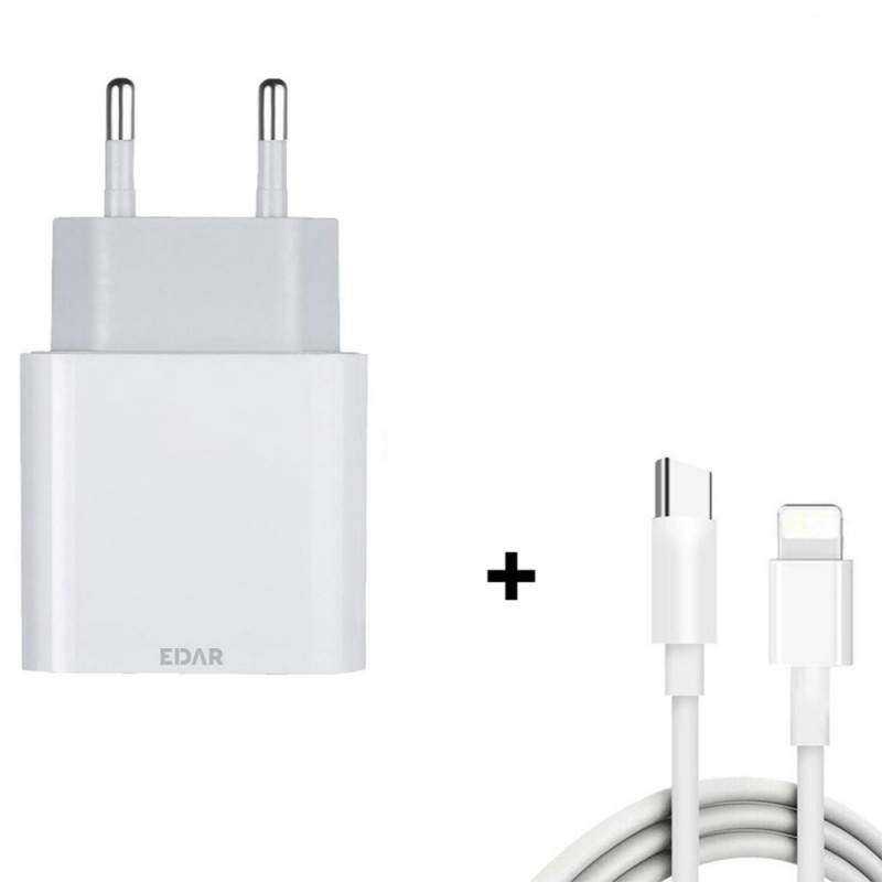 Incarcator Rapid EDAR Pentru Telefoane/Tablete, Cablu USB Tip C La Lightning, Stecher Priza, Alb