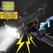 Lanterna Bicicleta Multifunctionala SIKS Cu Lumina Led, Far 12 Led, 5 Moduri Iluminare, Incarcare USB, Cu Claxon Inclus, Lumi...