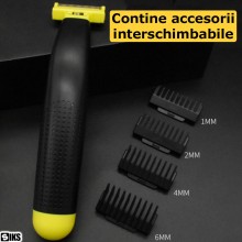 Aparat De Ras Barbati Pentru Fata Si Corp SIKS, De Tip One Blade, Shaver Cu 4 Accesorii De Marime 1, 2, 4, 6 mm, Reincarcabil...