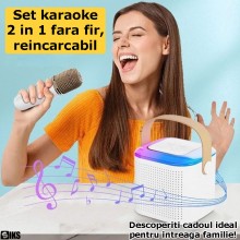 Boxa Cu Microfon Wireless SIKS Pentru Karaoke Cu Lumina RGB Led, Copii / Adulti, Kit 2 in 1, Aparat Portabil, Cu Conectare la...