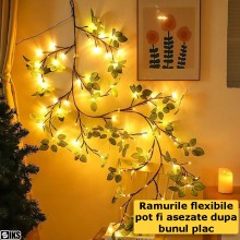 Ghirlanda Luminoasa Decorativa SIKS Tip Creanga Cu Fruze Verzi Si Lumina Led Alb Cald, 72 Led-uri, Dimensiune 1.6 Metri, Cu R...