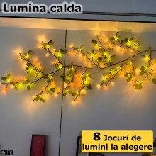 Ghirlanda Luminoasa Decorativa SIKS Tip Creanga Cu Fruze Verzi Si Lumina Led Alb Cald, 72 Led-uri, Dimensiune 1.6 Metri, Cu R...