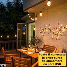 Ghirlanda Luminoasa Decorativa SIKS Tip Creanga Cu Fruze Tip Fluturi Si Lumina Led Alb Cald, 72 Led-uri, Dimensiune 1.6 Metri...