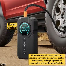Compresor De Aer SIKS, Starter Auto Cu Pornire Rapida, 6000mah, 150PSI, Portabil Si Multifunctional, Ecran Digital, Incarcare...