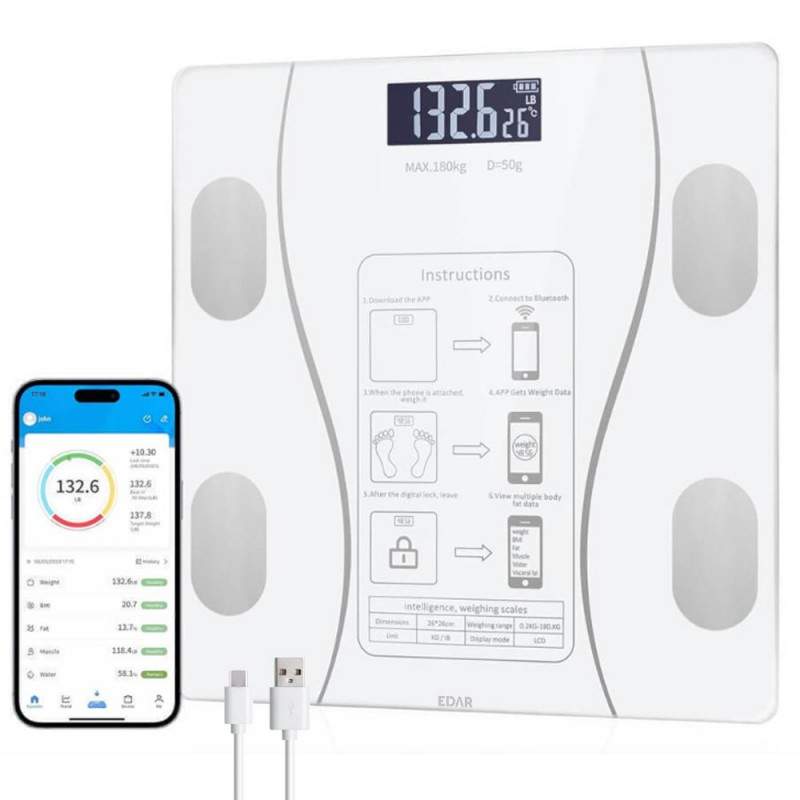 Cantar Inteligent De Baie EDAR, Electronic, Ecran LCD, Design Ultra Slim, Cu Aplicatie Smart, Alimentare USB, Greutate Maxima...