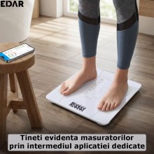 Cantar Inteligent De Baie EDAR, Electronic, Ecran LCD, Design Ultra Slim, Cu Aplicatie Smart, Alimentare USB, Greutate Maxima...