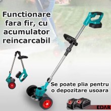 Motocoasa Electrica Pliabila EDAR, Extensibila, Fara Fir, Cu Doi Acumulatori Reincarcabili, Roti Detasabile, Disc Si Lame De ...