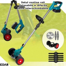 Motocoasa Electrica Pliabila EDAR, Extensibila, Fara Fir, Cu Doi Acumulatori Reincarcabili, Roti Detasabile, Disc Si Lame De ...