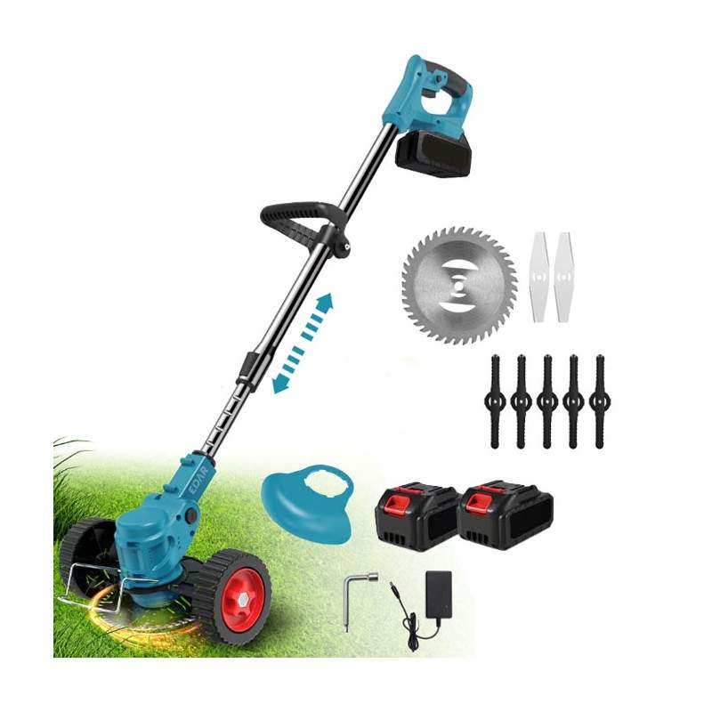 Motocoasa Electrica Cu Roti Detasabile EDAR, Fara Fir, Inaltime Ajustabila, Disc De Taiere Si Lame Plastic/Metal, 2 Acumulato...