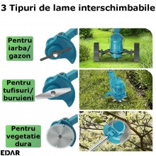 Motocoasa Electrica Cu Roti Detasabile EDAR, Fara Fir, Inaltime Ajustabila, Disc De Taiere Si Lame Plastic/Metal, 2 Acumulato...